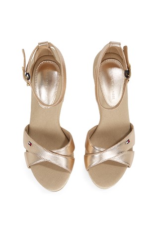 TOMMY HILFIGER Metallic Leather Wedge Espadrille Sandals Gold / Beige 5