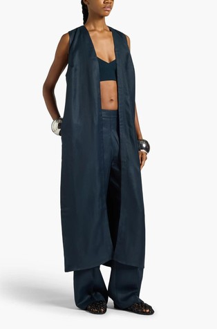 Dolg brezrokavnik iz gabardena z odkritim hrbtom