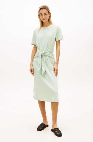 Relaxed fit midi obleka s kratkimi rokavi in trakom za zavezovanje