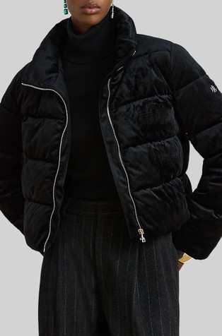 Velvet Quilted Funnelneck Puffer Coat