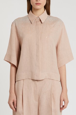 Relaxed fit lanena srajca z okrasnimi kamenčki in neti