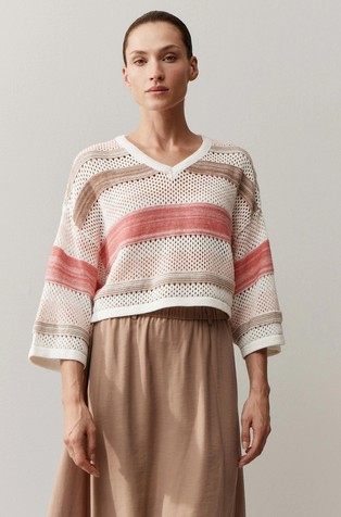 Perforated knit sweater with stripes