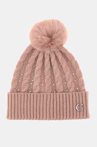 Pom-Pom Knit Beanie With Rhinestones
