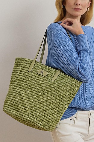 RALPH LAUREN Woven Straw Large Brie Tote Bag with Leather-trims Lght Olive Melange/Lght Olive 6