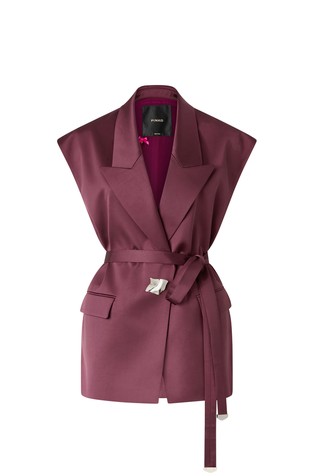 Sleeveless satin vest-jacket with belt