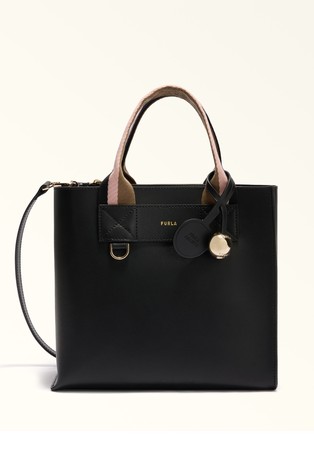 Small leather tote with striped handles