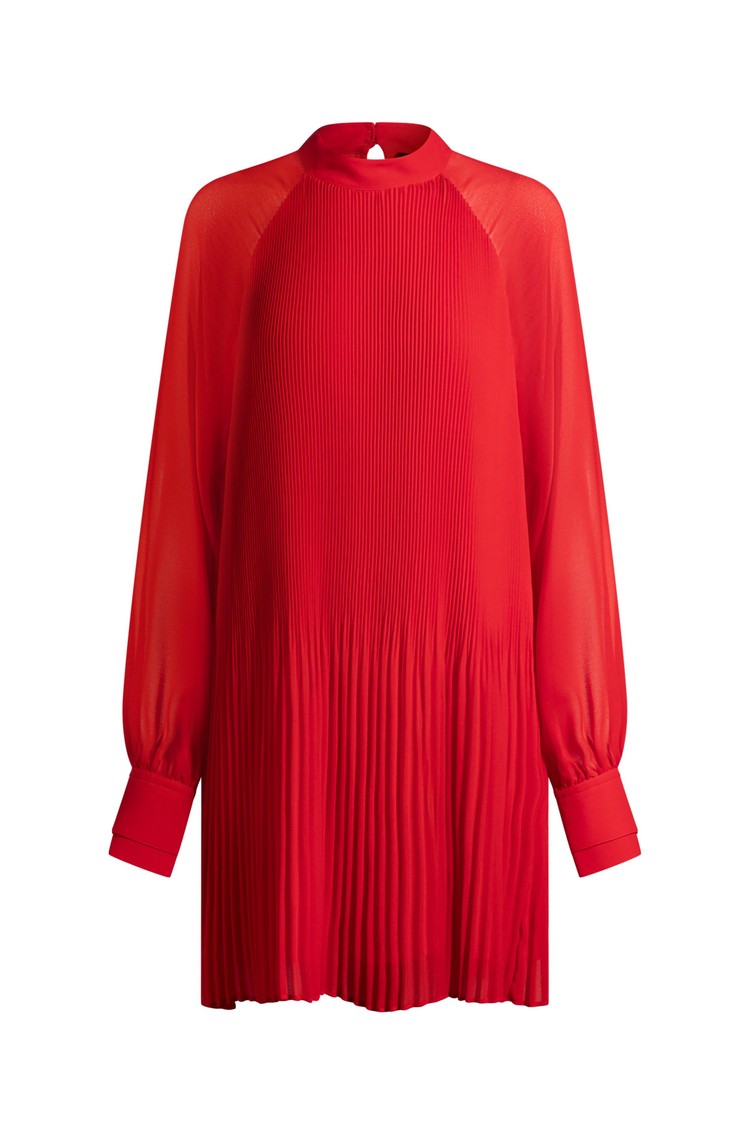HUGO BOSS Dress with plissé pleats and sheer puff sleeves Red 