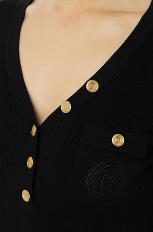 ELISABETTA FRANCHI Rebrasto pleten pulover z V-izrezom in logo vezenino Črna - Black 3