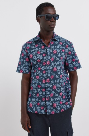 Printed cotton and linen short sleeve shirt