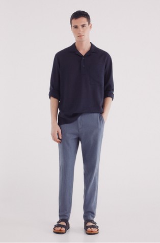 SPRINGFIELD Slim fit chino hlače iz strukturirane mešanice bombaža in lana Modra - Blue 3