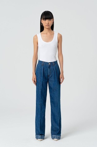 Straight jeans hlače z gubami in žakarskim vzorcem