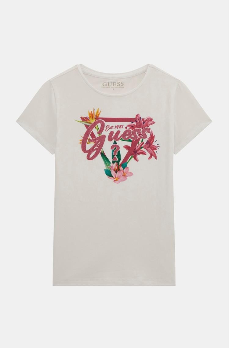 GUESS Majica s kratkimi rokavi in cvetličnim triangel logotipom Bela - Pure White 