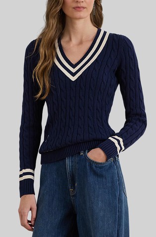 Pleten bombažen pulover s črtastimi detajli