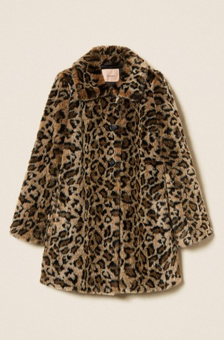 Kratek plašč iz umetnega krzna z leopardjim vzorcem