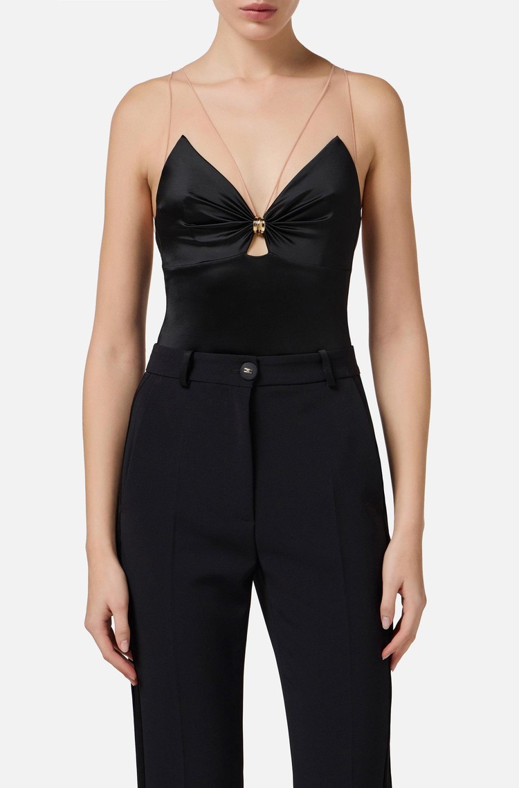 ELISABETTA FRANCHI Lycra bodysuit with tulle straps Black 