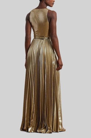 RALPH LAUREN Belted Metallic Chiffon Surplice Gown Tan/Lt Gold Foil 2