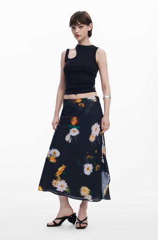 DESIGUAL Midi krilo z zabrisanim cvetličnim motivom Črna - Black 6