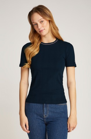 Slim fit rebrasta majica s kontrastnim ovratnikom