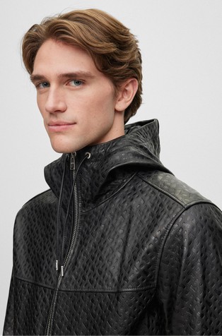 HUGO BOSS Relaxed fit usnjena jakna s kapuco in vzorcem monogramov Črna - Black 3
