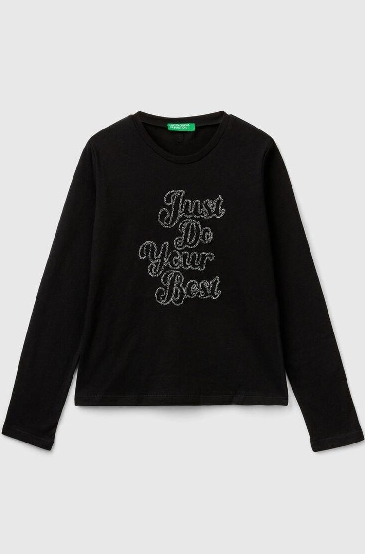 BENETTON Bombažna majica s svetlečo vezenino Črna - Black 