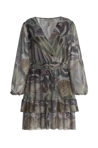Patterned V-neck dress with frills
