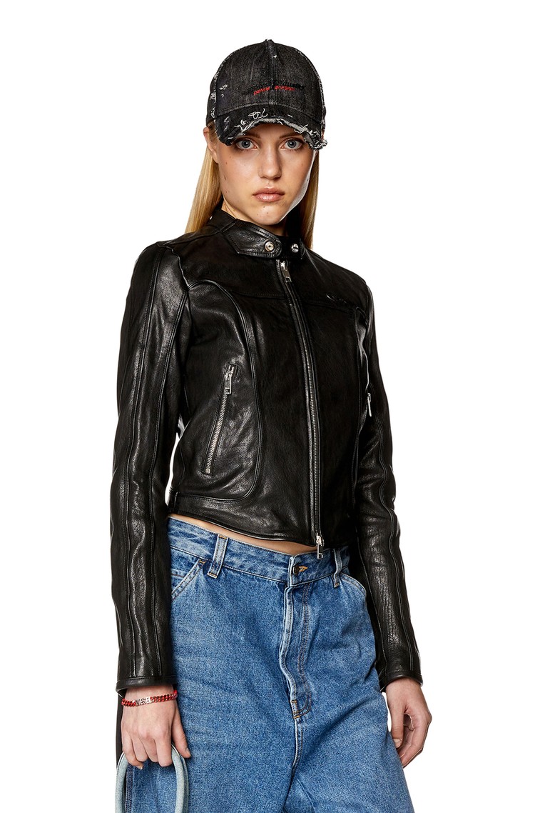 DIESEL Leather jacket with embossed D Black 