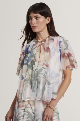 Floral Pleated Angel Short Sleeve Top