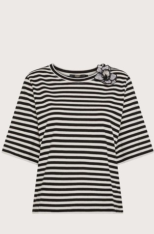Bombažna majica s črtastim vzorcem in dekorativnim cvetom