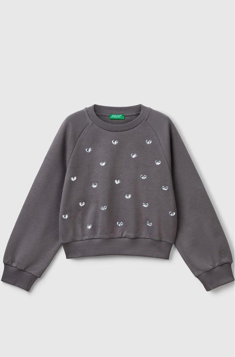 BENETTON Pulover z okrasnimi kamni v obliki srčkov Siva - Dark Gray 