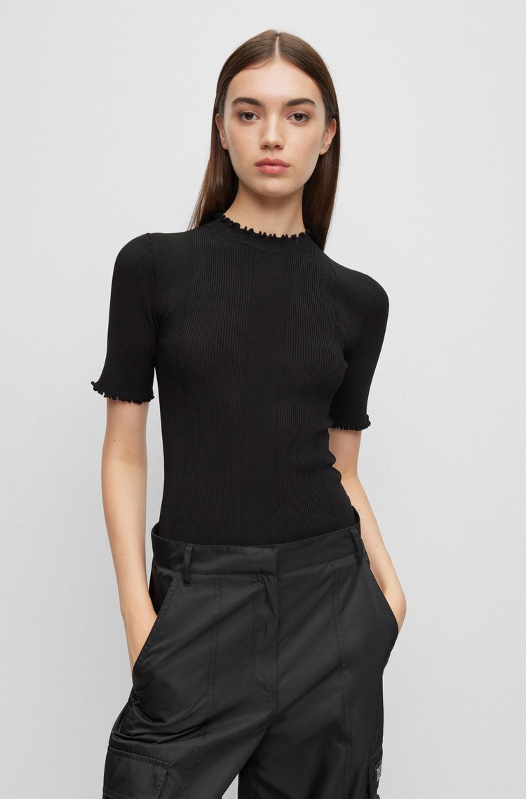 HUGO BOSS Mock-neck sweater with short sleeves and ribbed structure Black 