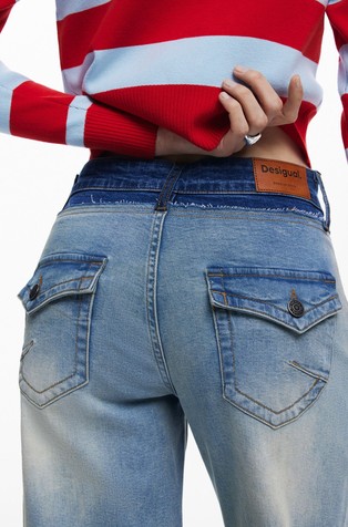 DESIGUAL Ravne jeans hlače z navideznim dvojnim pasom Modra - Blue 5