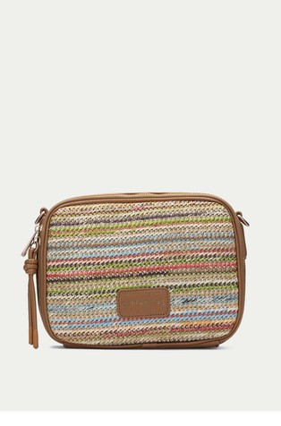 Raffia-effect crossbody bag with faux-leather inserts