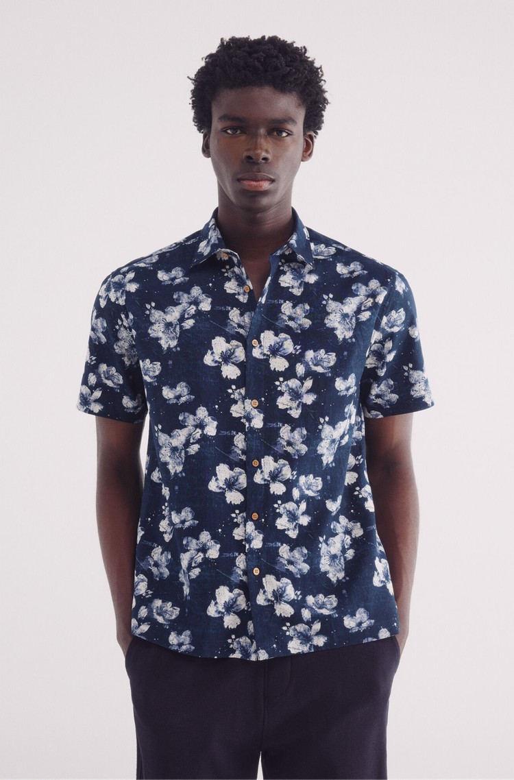 SPRINGFIELD Printed short sleeve cotton-linen shirt Blue 