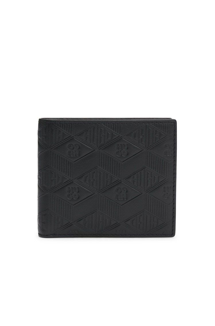 HUGO BOSS Usnjena denarnica z reliefnim logo vzorcem Črna - Black 