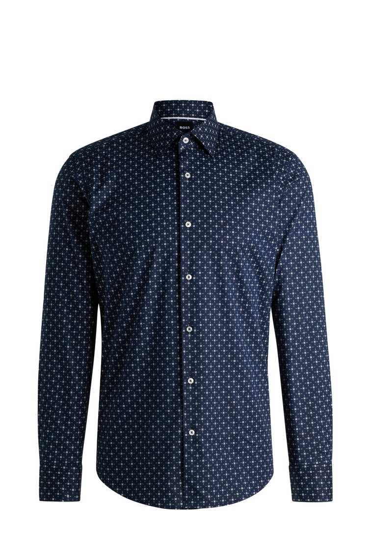 HUGO BOSS Regular fit vzorčasta srajca iz raztegljivega bombažnega poplina Modra - Dark Blue 