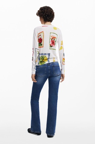 DESIGUAL Pleten pulover s tropskim potiskom Bela - White / Multi 2