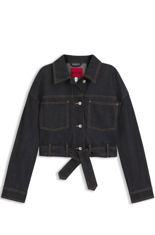 Cropped denim jacket with belt