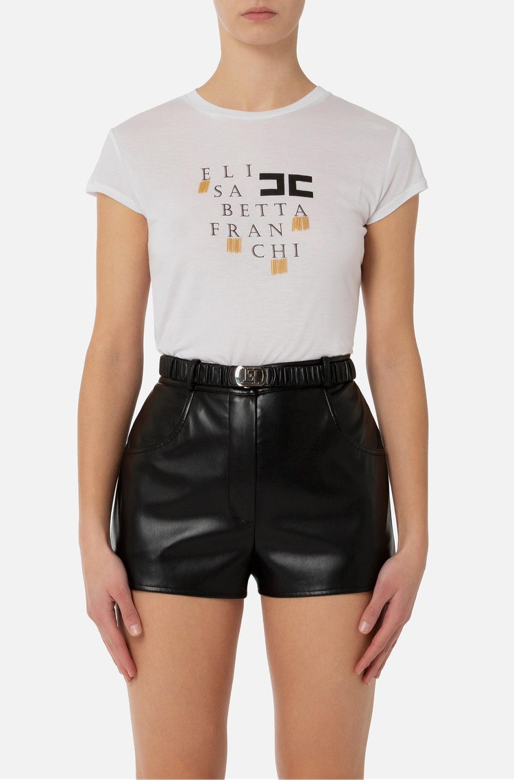 ELISABETTA FRANCHI Majica iz jerseya z logotipom in resicami Bela - Chalk 