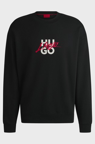 HUGO BOSS Relaxed fit bombažen pulover z dvojnim logotipom Črna - Black 4