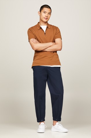 TOMMY HILFIGER Slim fit bombažna polo majica z zadrgo Rjava - Brown 4