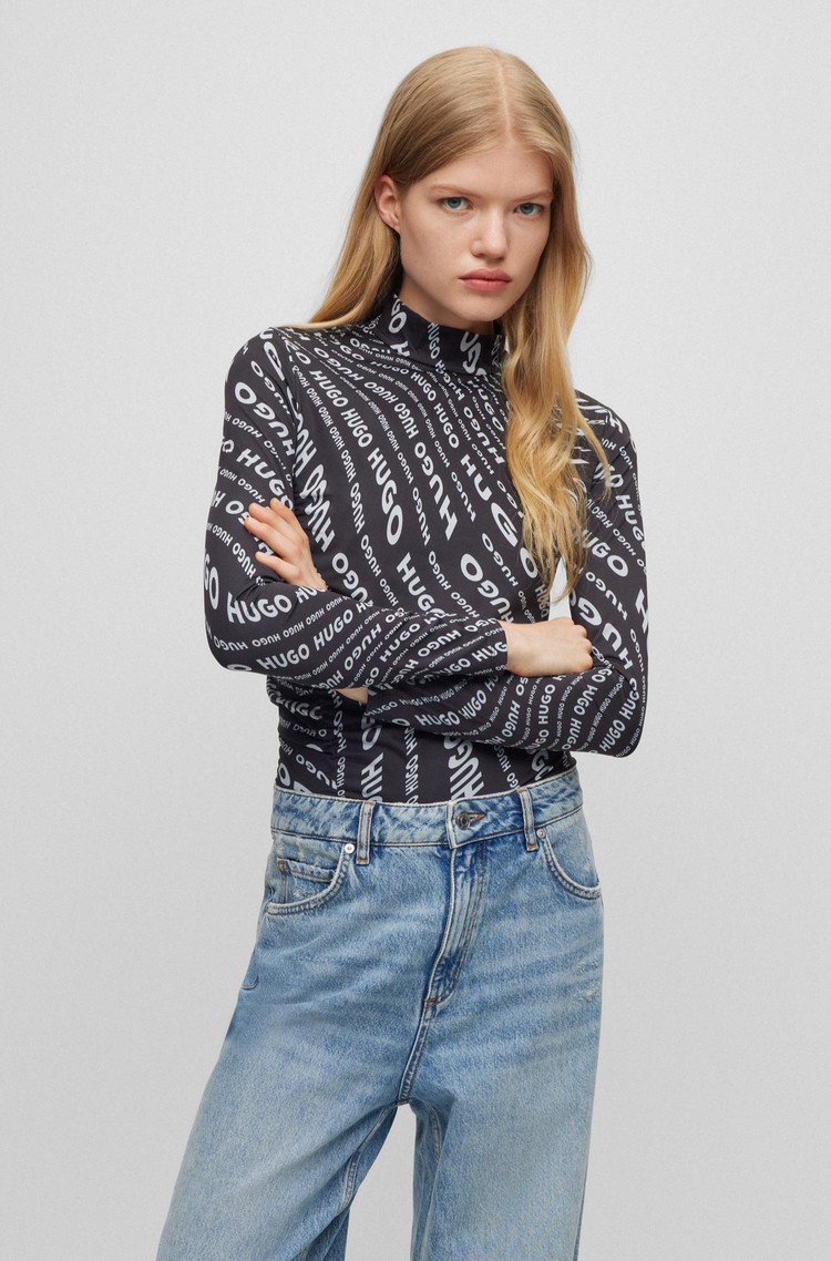 HUGO BOSS Mock-neck top with all-over logo pattern Black 