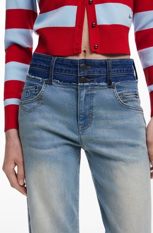 DESIGUAL Ravne jeans hlače z navideznim dvojnim pasom Modra - Blue 4