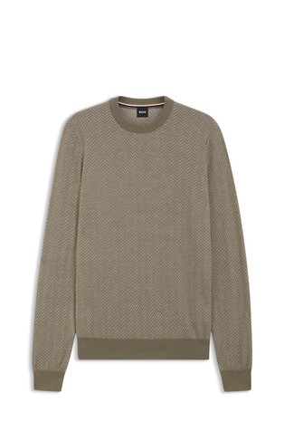 Pleten pulover iz mešanice volne in bombaža z vzorcem ribje kosti