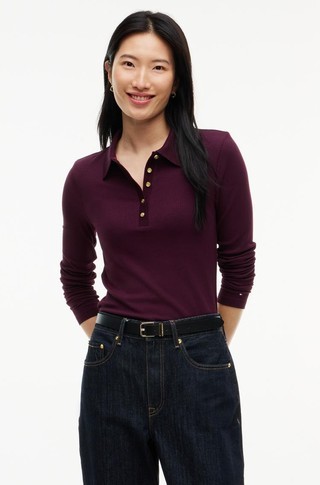 Slim fit rebrasta polo majica z dolgimi rokavi