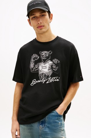 Relaxed fit bombažna majica s kratkimi rokavi in potiskom