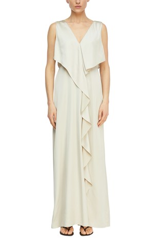 Satin dress with V-neckline and flounces