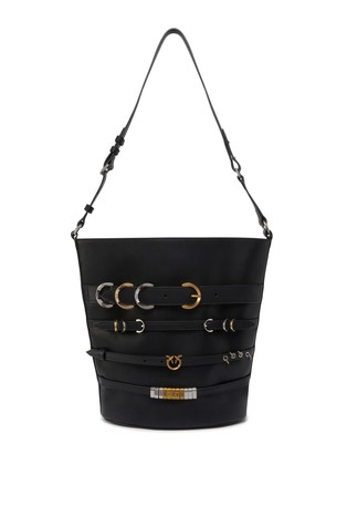Leather bucket bag with straps