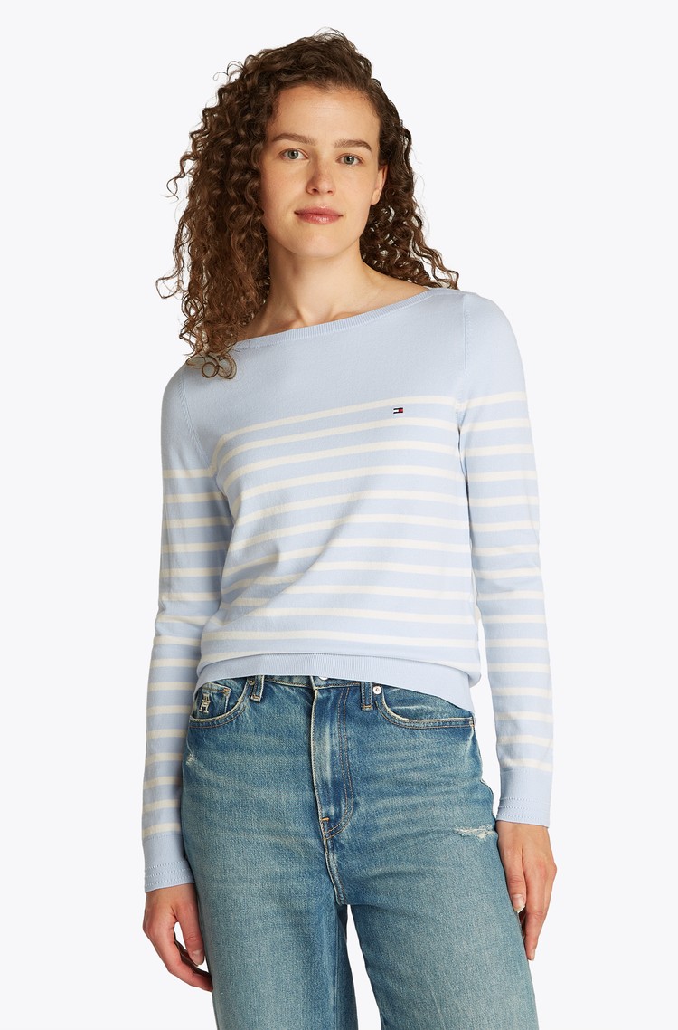 TOMMY HILFIGER Pleten pulover iz bombažne mešanice Modra - Light Blue / White 