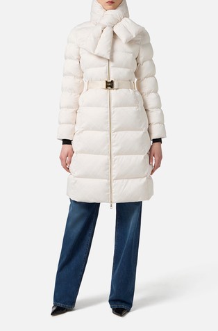 Dolga prešita bunda s pasom in odstranljivim šalom