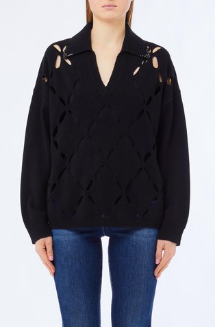 Wool jumper with perforations and rhinestones